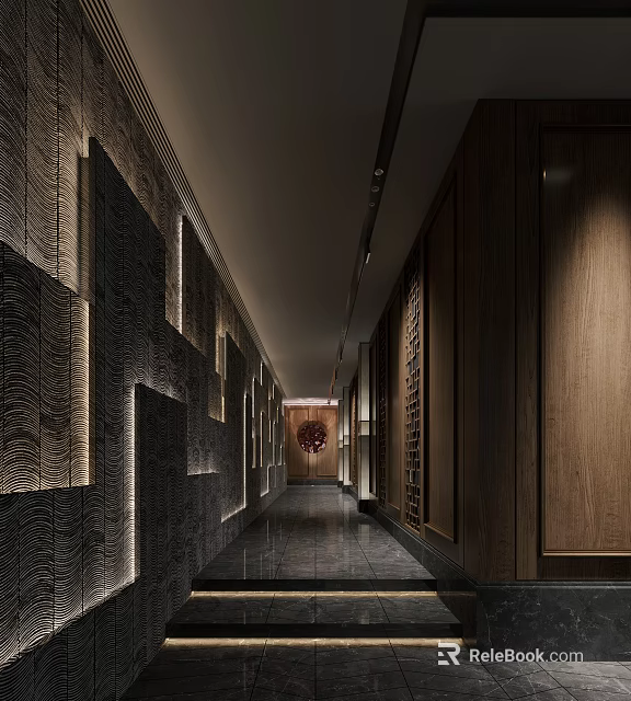Elegant Hotel Corridor With Wooden Wall Panels Recessed Ceiling Lights And Dark Stone Flooring 3d model 