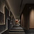 Elegant Hotel Corridor With Wooden Wall Panels Recessed Ceiling Lights And Dark Stone Flooring