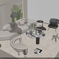 Modern White Sofa Set with Side Tables Chairs Green Plants and Decorative Items