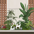Indoor Landscape With Lush Green Plants Deer Statues Wooden Grid And Perforated Wall