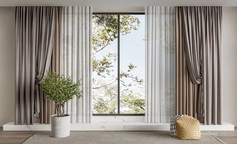 Elegant Gray White Curtains Interior With Tree View Indoor Plant And Soft Rug 3d model 