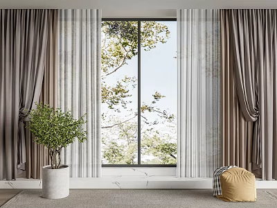 Elegant Gray White Curtains Interior With Tree View Indoor Plant And Soft Rug 3d model