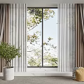 Elegant Gray White Curtains Interior With Tree View Indoor Plant And Soft Rug