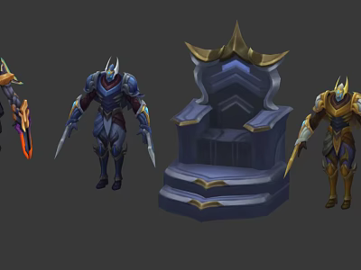 Detailed Mythical Game Characters In Armored Suits With Weapons And Throne 3d model