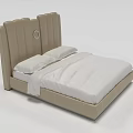 Modern Double Bed with Beige Panel Headboard Circular Accent and White Bedding 3d model