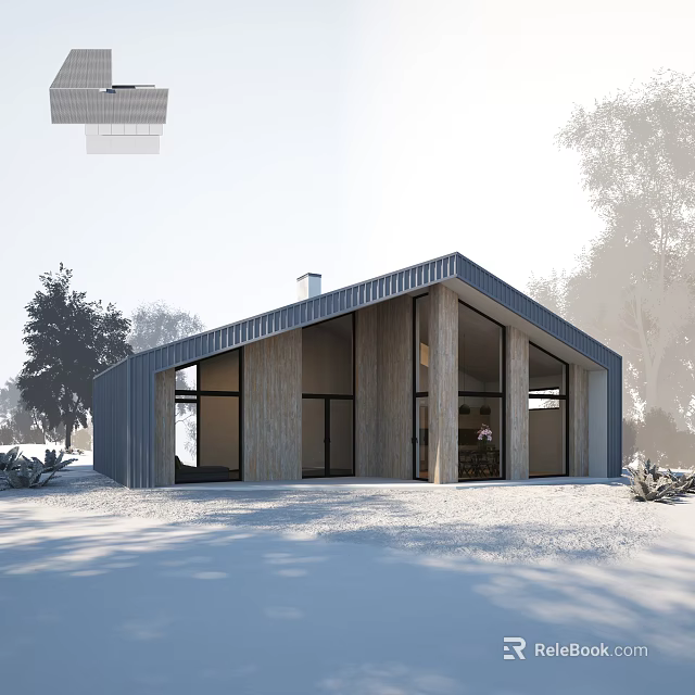 Modern Villa Balcony Exterior Featuring Glass Doors Snowy Trees And Sloped Roof 3d model 