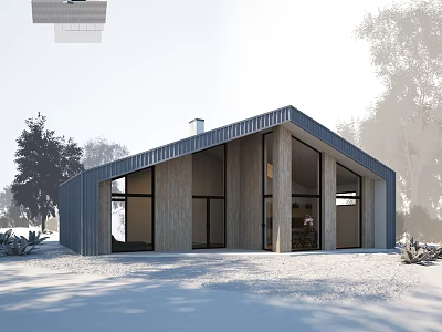 Modern Villa Balcony Exterior Featuring Glass Doors Snowy Trees And Sloped Roof 3d model
