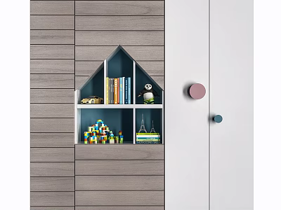 House Shaped Built in Storage Shelf With Books Panda Plush And Colorful Blocks On Wooden Wall 3d model