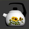 Decorative White Teapot With Sunflower Pattern Black Handle And Silver Rim