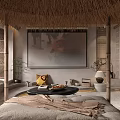 Modern Living Room Interior With Thatched Roof Bamboo Decor Round Rug And Black Coffee Table