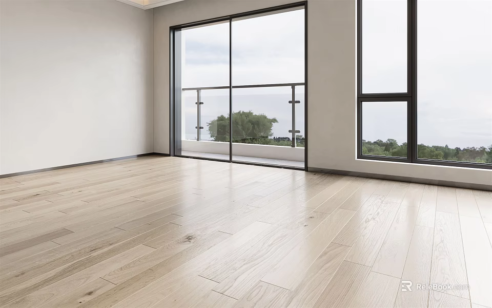 Light Colored Natural Wooden Flooring in Bright Room With Large Windows and Tree View 3d model 