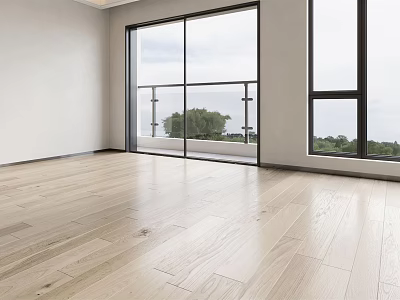 Light Colored Natural Wooden Flooring in Bright Room With Large Windows and Tree View 3d model