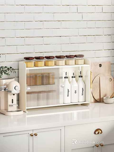 Kitchen Dining Set With White Storage Shelf Jars Transparent Boxes Almond Milk Bottles 3d model 