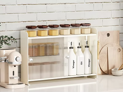 Kitchen Dining Set With White Storage Shelf Jars Transparent Boxes Almond Milk Bottles 3d model