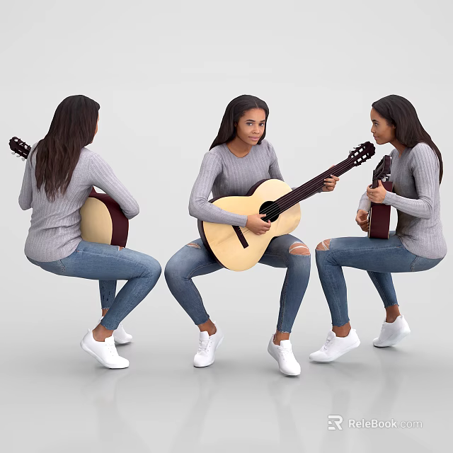 Woman Playing Guitar in Different Poses Wearing Gray Sweater Ripped Jeans and White Shoes 3d model 