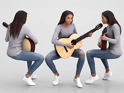 Woman Playing Guitar in Different Poses Wearing Gray Sweater Ripped Jeans and White Shoes 3d model