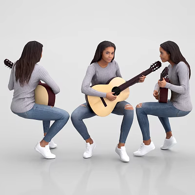 Woman Playing Guitar in Different Poses Wearing Gray Sweater Ripped Jeans and White Shoes 3d model