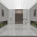 Modern Elevator Lobby Design With Geometric Ceiling Decorative Paintings Green Plants And Marble Floor