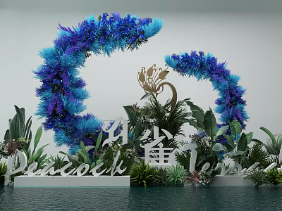 Elegant 3D Typography with Blue Purple Floral Arch and Green Plants 3d model