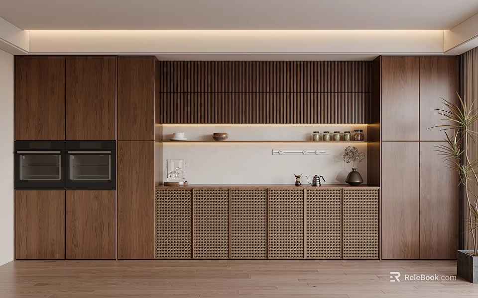 Modern Walnut Wood Sideboard Design With Storage Cabinets Countertop Decorative Items And Recessed Lighting 3d model 