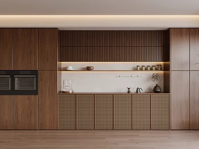 Modern Walnut Wood Sideboard Design With Storage Cabinets Countertop Decorative Items And Recessed Lighting 3d model