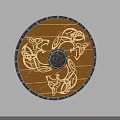 Round Brown Wooden Shield With Silver Metal Rim Celtic Patterns And Central Metal Decoration