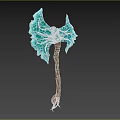 Blue Crystalline Axe Weapon With Wooden Handle And Glowing Edge Design