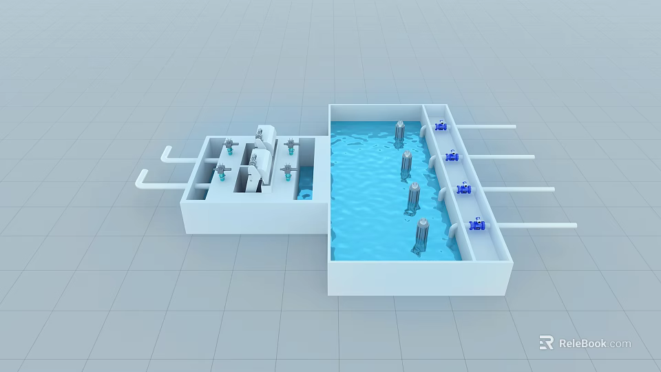 Industrial Factory Water Treatment System Featuring Blue Reservoir And Piping Structure 3d model 