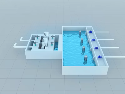 Industrial Factory Water Treatment System Featuring Blue Reservoir And Piping Structure 3d model