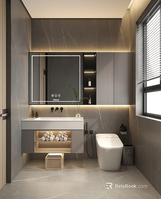 Modern Light Luxury Bathroom With Smart LED Mirror Vanity Built In Storage And Warm Ambient Lighting 3d model 
