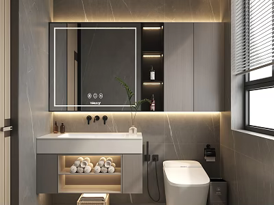 Modern Light Luxury Bathroom With Smart LED Mirror Vanity Built In Storage And Warm Ambient Lighting 3d model