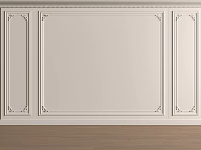 White Wainscoting Wall With Decorative Trim Carved Details And Wooden Floor Interior 3d model