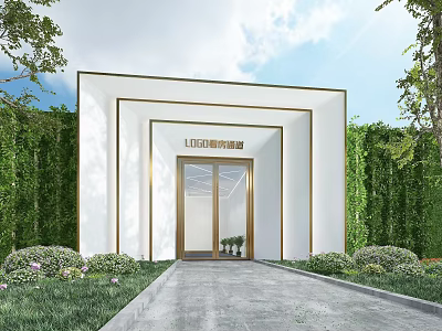 Lifestyle Pharmacy Storefront with White Building Golden Frame and Green Hedge Walls 3d model