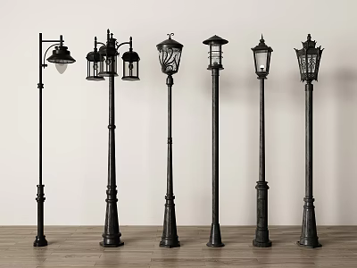 Various Designed Black Outdoor Lights With Decorative Lamp Posts And Styles 3d model
