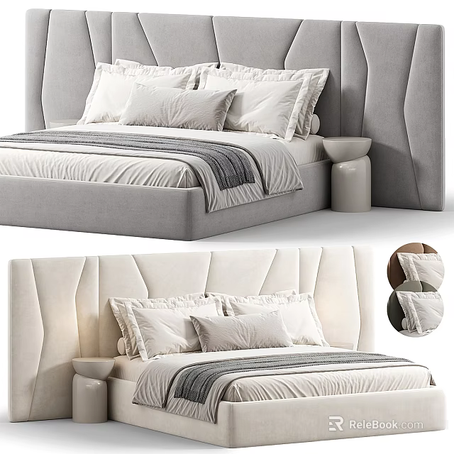 Modern Double Bed With Upholstered Headboard Layered Pillows And Striped Bedspread 3d model
