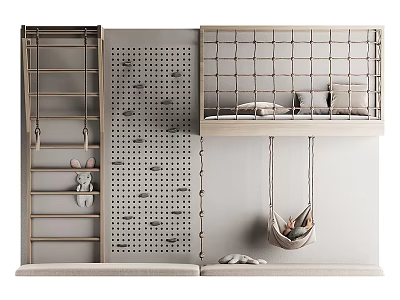 Modern Kids Playroom With Climbing Frame Swing Chair Pegboard Storage Shelves And Soft Cushions 3d model