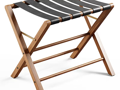 Wooden Stool With X shaped Legs And Black Strap Seat Featuring Metal Rivets 3d model