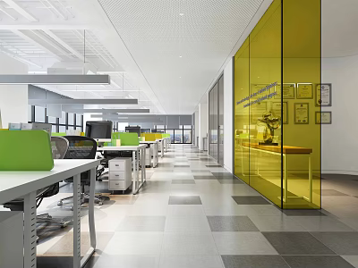 Modern Office Corridor Interior With Glass Partitions Office Desks And Geometric Flooring 3d model