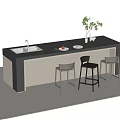 Modern Bar Counter With Black Top Sink Three Bar Stools And Potted Plant
