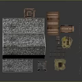 Farm Wooden Barn with Stone Tile Roof Windmill Water Well Wooden Shed Barrels and Tools