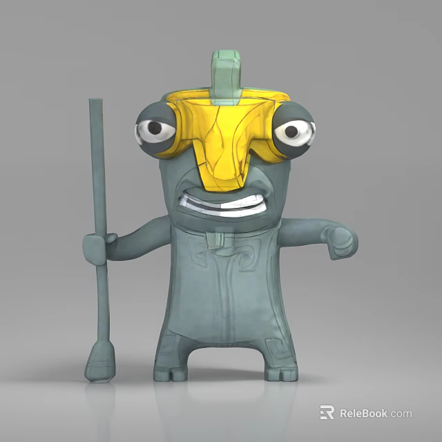 Cartoon Game and Movie Character With Yellow Helmet Large Eyes Gray Body And Long Stick 3d model 