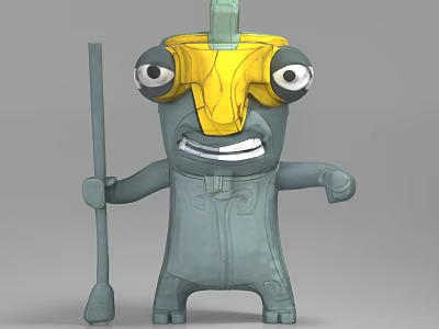 Cartoon Game and Movie Character With Yellow Helmet Large Eyes Gray Body And Long Stick 3d model