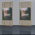 Hinged Doors with Wooden Grid Frame Blue Poster Pink Leaf and Perfect Summer Text