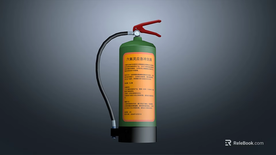 Green Fire Extinguisher With Red Handle And Black Hose For Emergency Use 3d model 