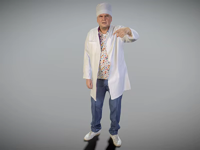 Man In White Cap White Coat Pointing Forward With Patterned Shirt Blue Jeans White Sneakers 3d model