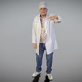 Man In White Cap White Coat Pointing Forward With Patterned Shirt Blue Jeans White Sneakers