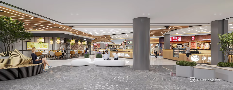 Modern Shopping Mall Lobby With Marble Floor Pillars Seating Area And Lighting Design 3d model 