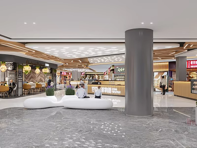 Modern Shopping Mall Lobby With Marble Floor Pillars Seating Area And Lighting Design 3d model