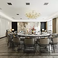 Elegant Private Dining Room Interior With Round Table Chandelier And Decorative Painting