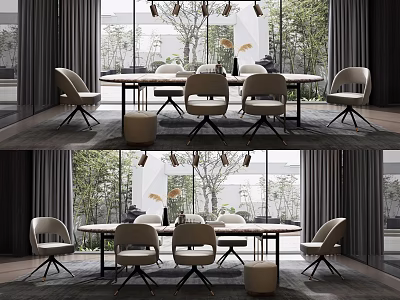 Modern Dining Table Set With Light Gray Chairs Hanging Pendant Lights And Green Plants 3d model